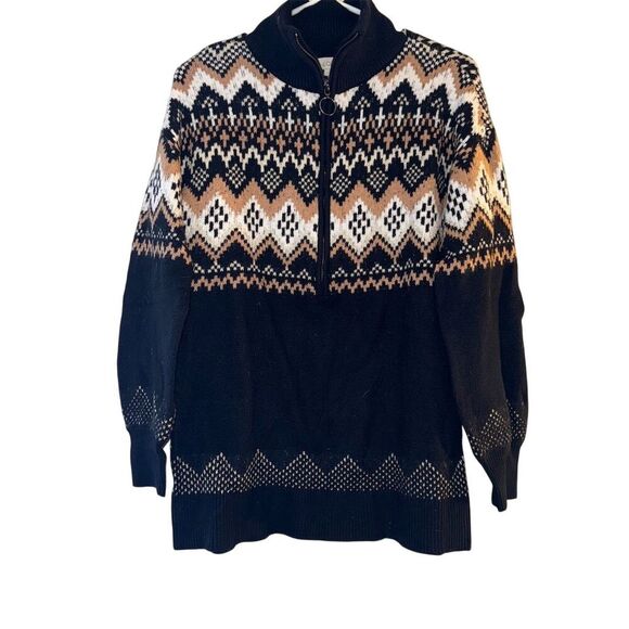 LOFT Women's Black Geometric Fair Isle Full-Zip Cardigan Sweater Size S - Picture 1 of 6